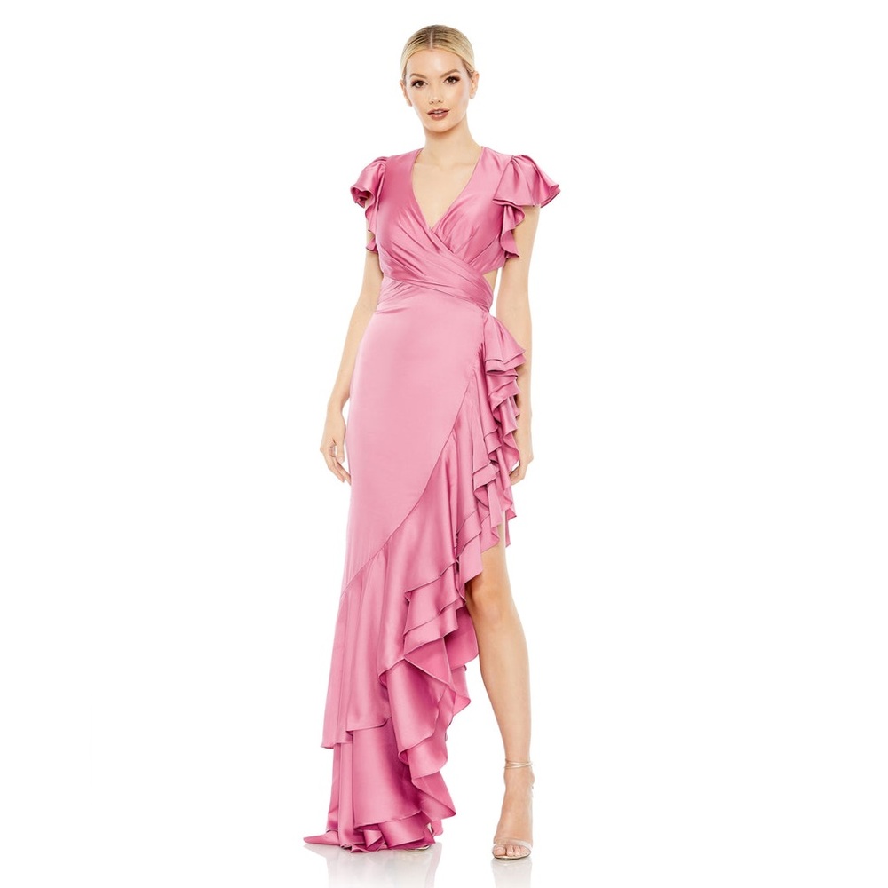 MAC DUGGAL FLUTTER SLEEVE CUT OUT ASYMMETRICAL RUFFLED GOWN - NWT